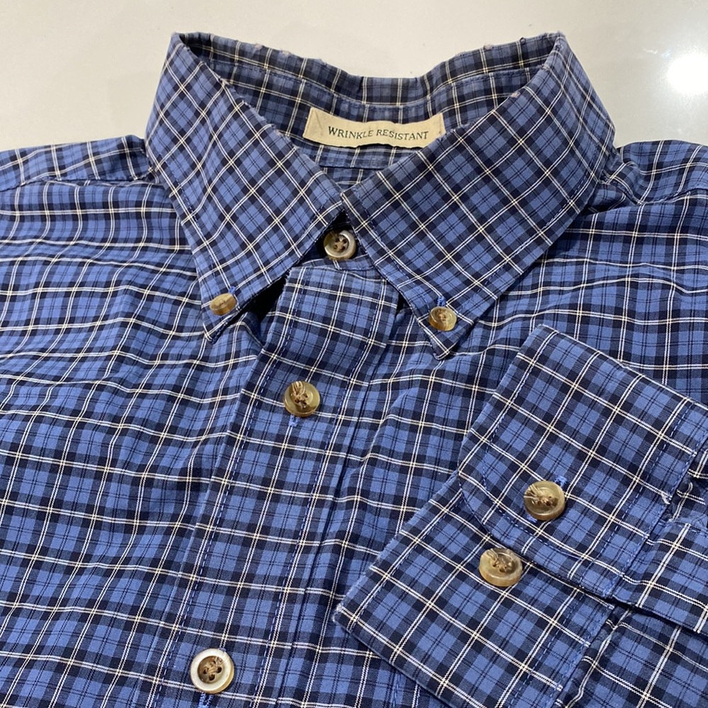 LL‎ Bean Men's Button Up Long Sleeve Blue White Black Wrinkle Resistant